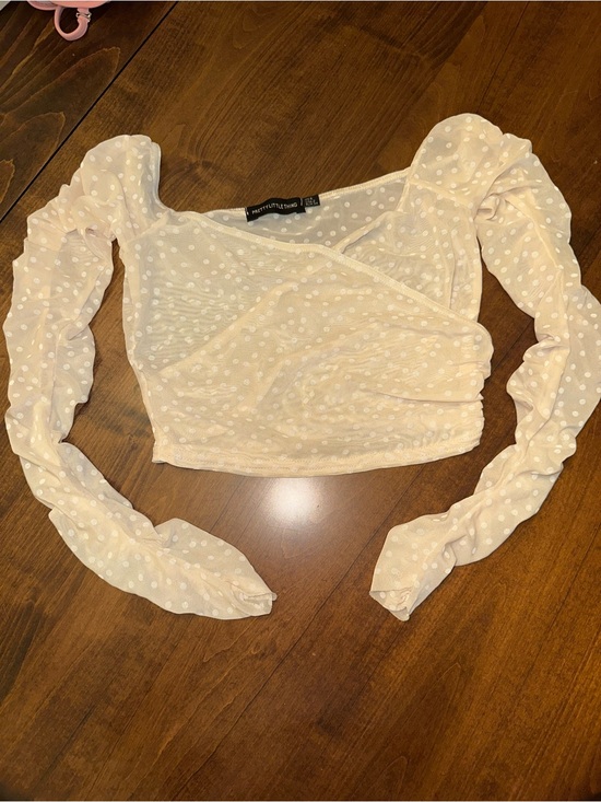 PrettyLittleThing Tops - PrettyLittleThing Cream Polka Dot Sheer Ruched Long Sleeve Crop Top